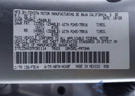 2021 Toyota Tacoma Sr V6 из США, поврежденный, VIN 3TMCZ5AN3MM381114